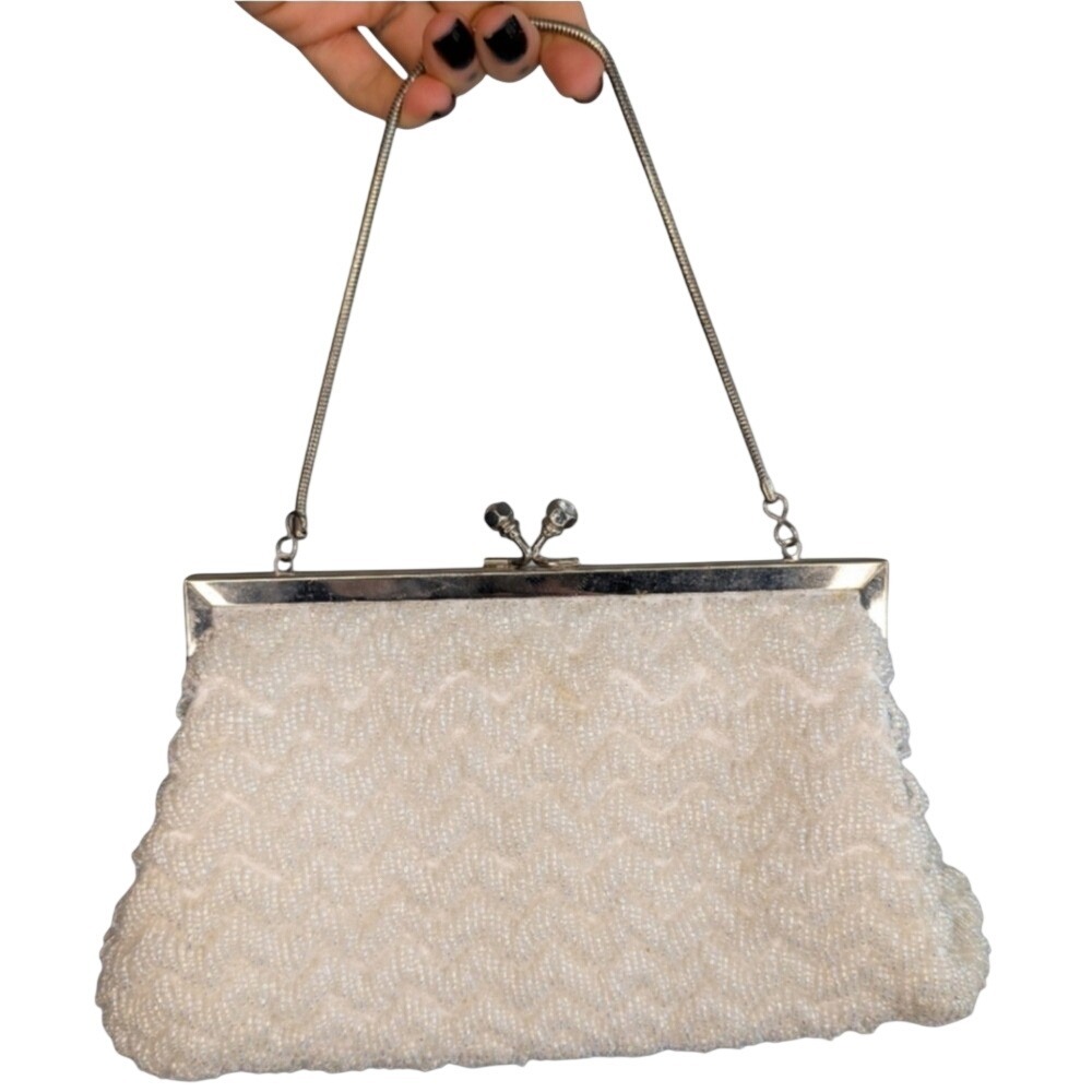Vintage Women's‎ White Iridescent Beaded Clutch Handbag Retro Antique Ladies